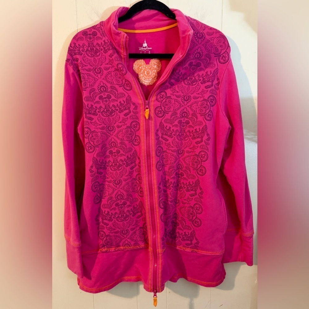 Disney Parks Mickey Mouse Paisely Embroidered Pink Zip Jacket Size L